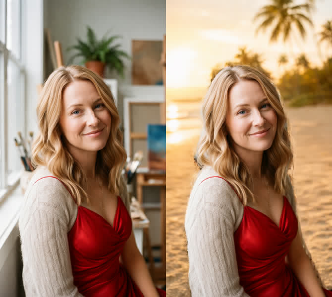 Before and after: the studio replaced by a golden-hour beach, the woman untouched