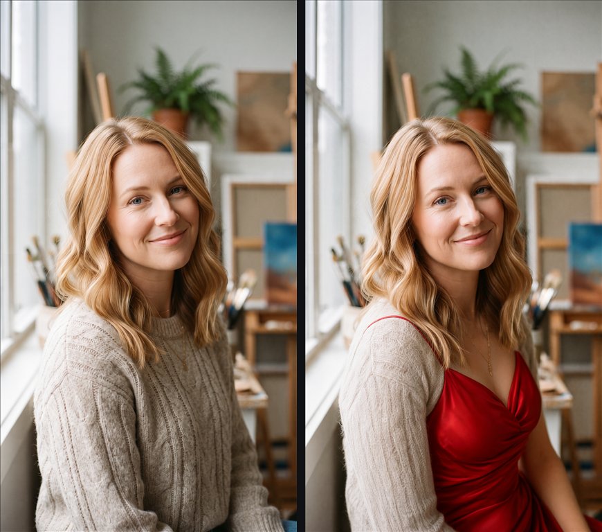 Before and after: the same woman, face and studio; her sweater outfit changed to a red satin gown