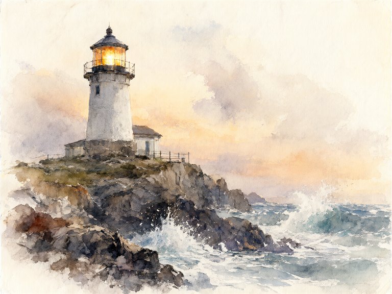 A watercolour lighthouse on a rocky coast at dusk
