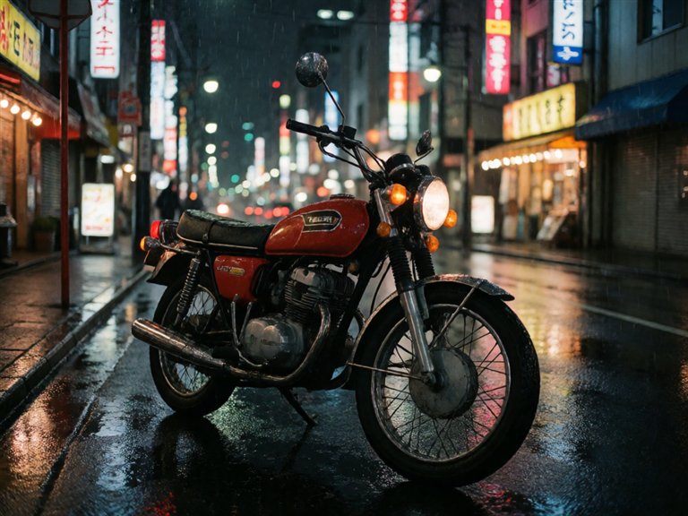 A red vintage motorcycle on a rain-soaked neon street at night