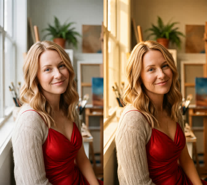 Before and after: the same photo relit with warm sunlight from the left