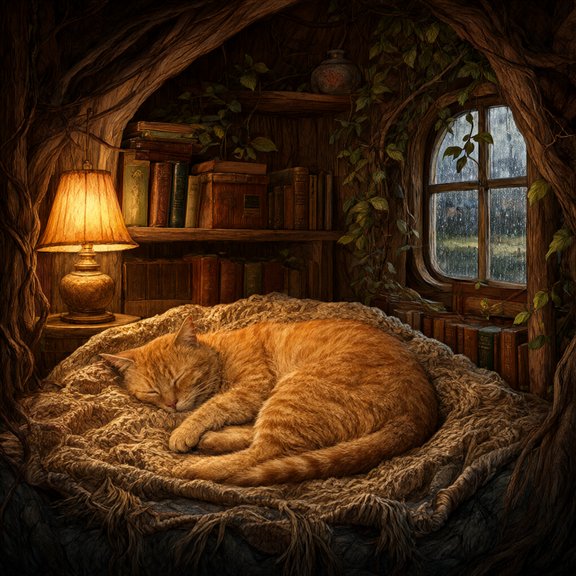 An orange cat asleep in a cozy treehouse reading nook