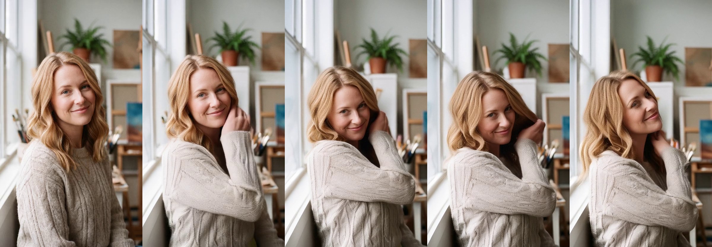 Five frames of a Wan 2.2 video made from one portrait: she smiles, tucks her hair behind her ear and tilts her head