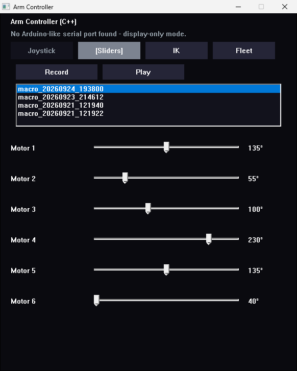 ARM's C++ controller with motor sliders and macros