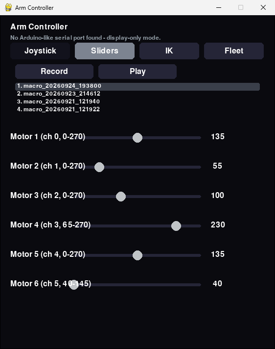 ARM's Python controller with motor sliders and macros
