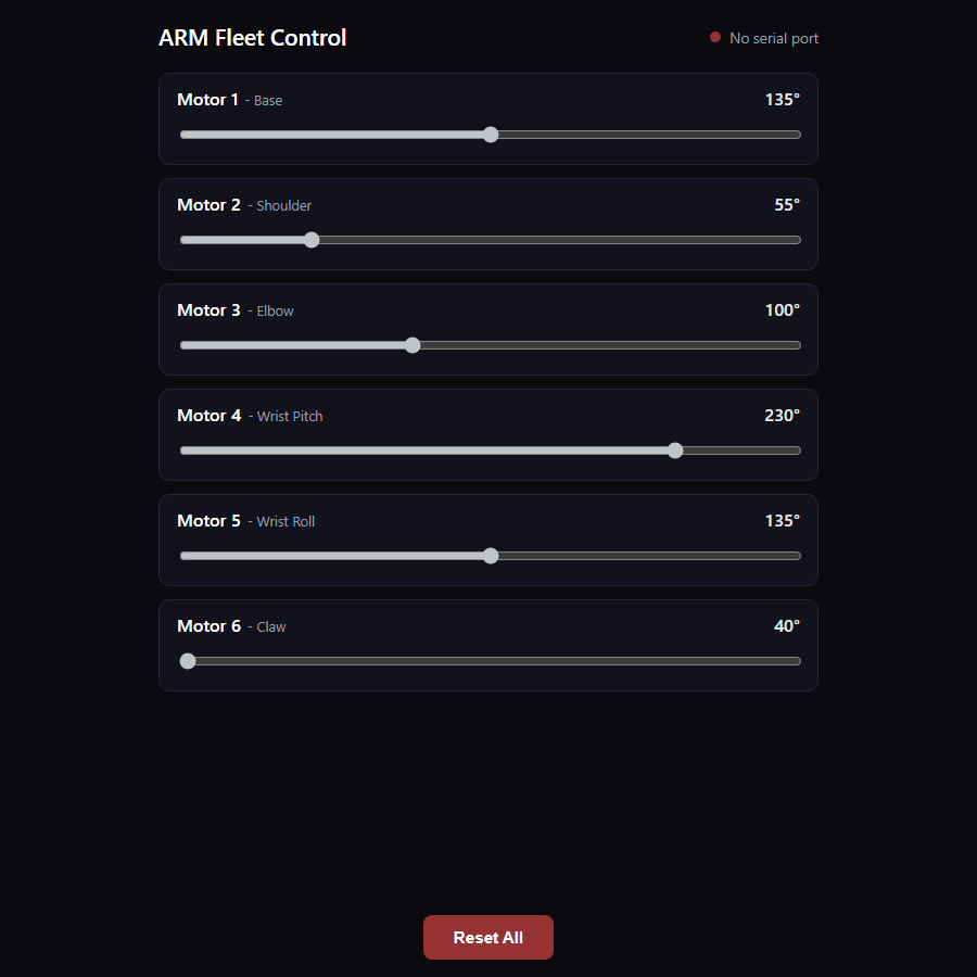 ARM's web control page with a slider per motor