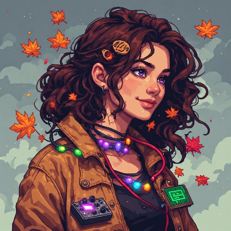 NIKA's avatar: a human representation of the robot, in a wooden-brown jacket with RGB lights and a little synth, among autumn leaves