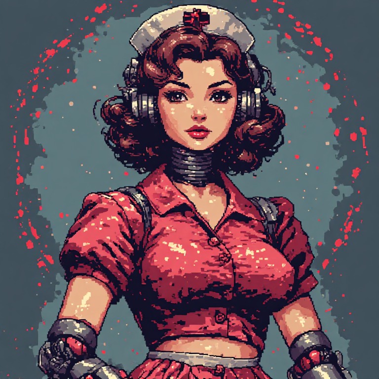 NINA's avatar: a retro nurse in a crimson dress with headphones and a red-cross cap