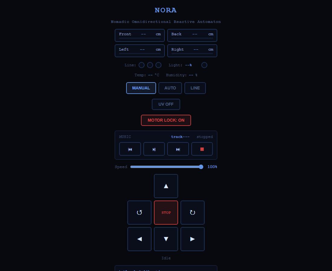 NORA's web dashboard with distances, modes, music and drive pad