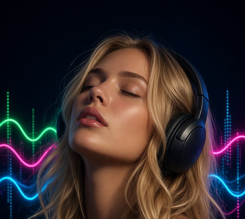Listening to music on headphones, surrounded by neon sound waves