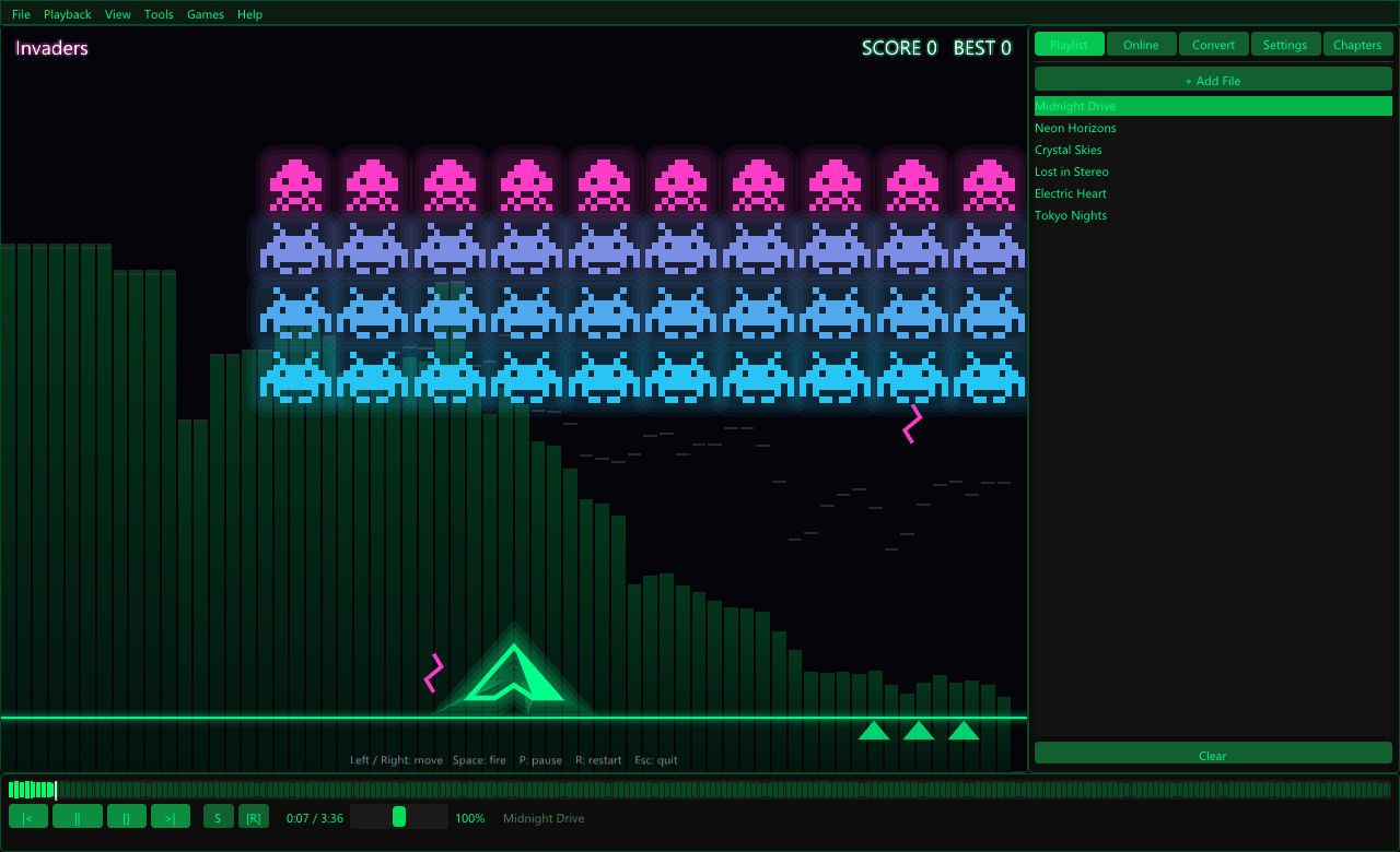 Invaders from the Games menu, played over the visualizer