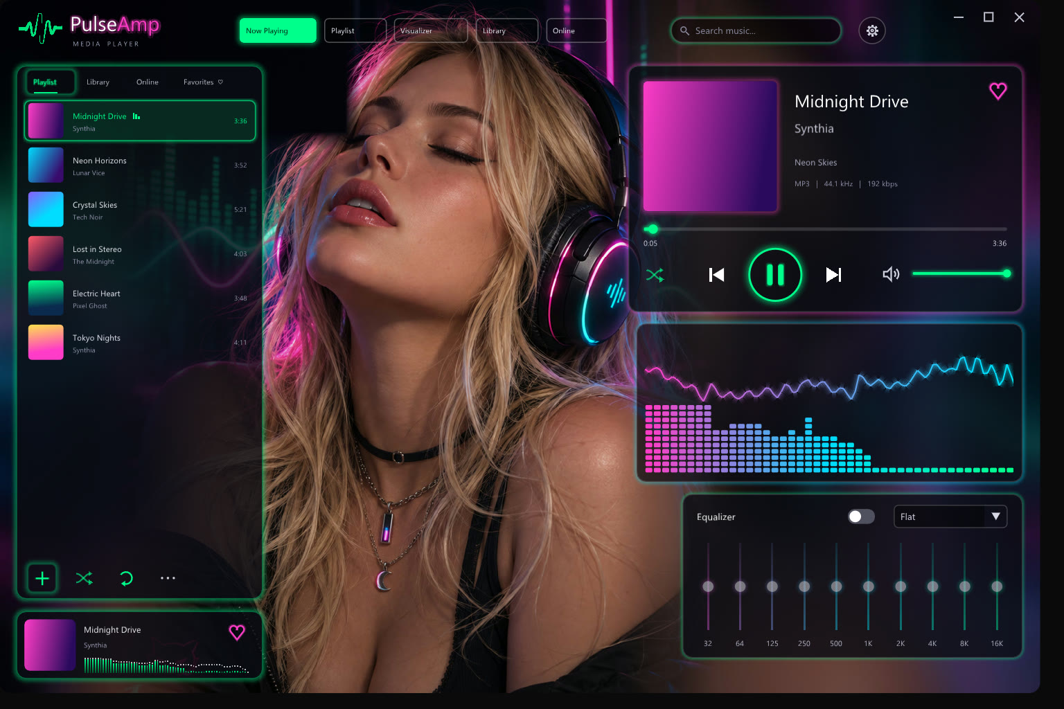 The MidnightNeon skin: playlist with cover art, now playing card, neon visualizer and equalizer