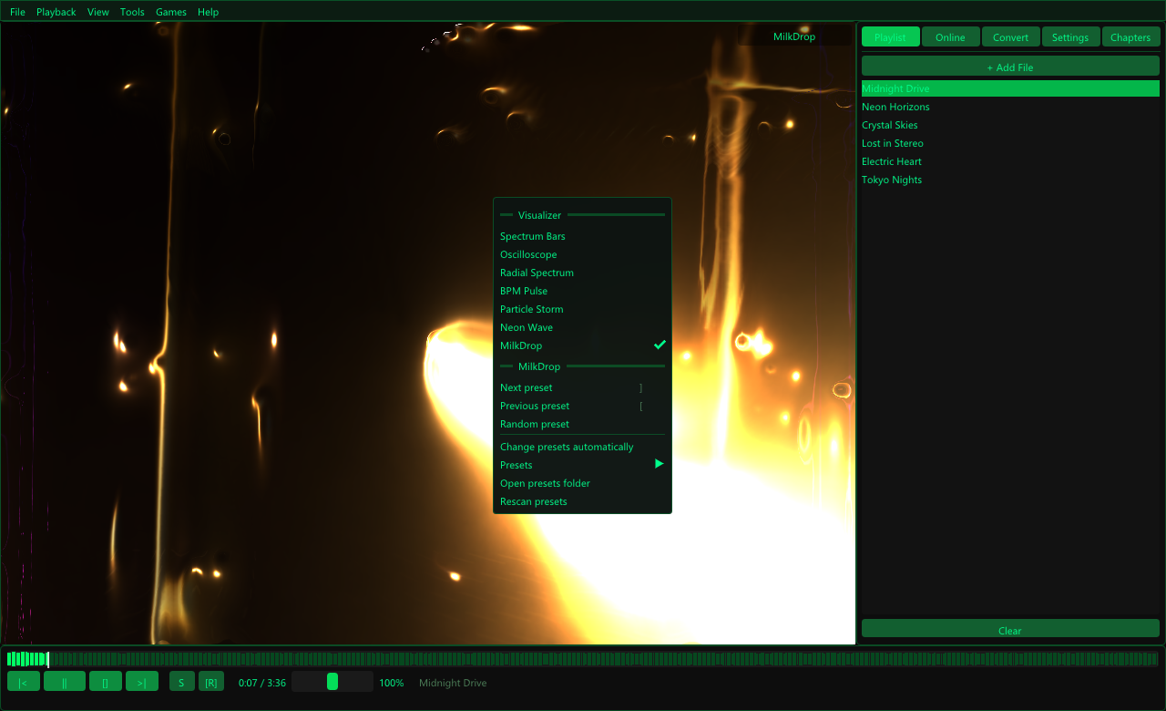 The visualizer menu: modes, MilkDrop presets, automatic or manual preset changes