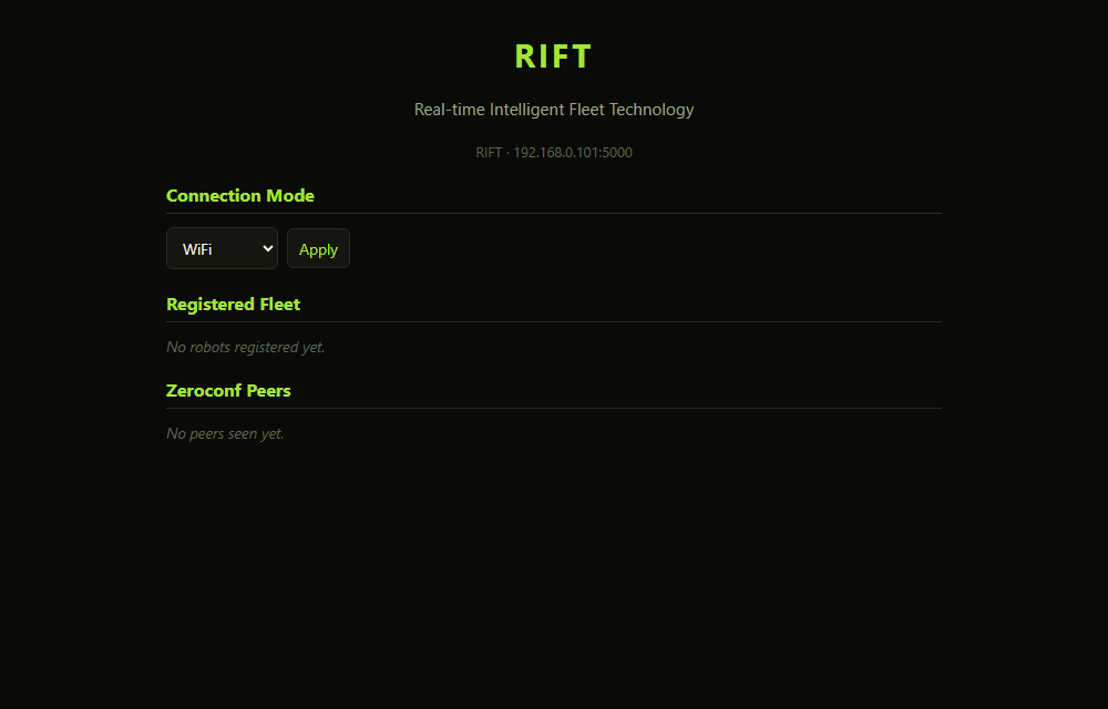 RIFT's fleet dashboard with connection mode, fleet and peers