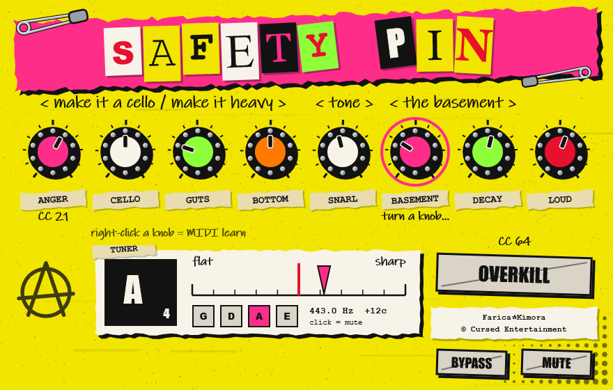 The Safety Pin plugin window: eight studded knobs, a violin tuner, the OVERKILL switch and BYPASS / MUTE