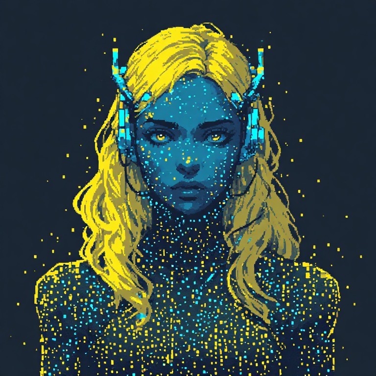 TINA's avatar: a blue-skinned engineer with golden hair, headphones and a cloud of sparks